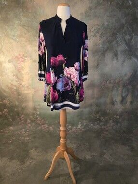 Honey Me Silky Floral Tunic Top Navy Blue Pink Magenta Floral Print S